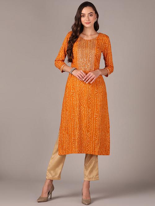 mustard bandhani print straight kurta - 20397232 - Very Small Image - 1