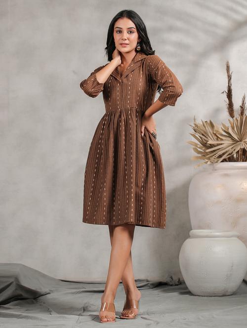 women brown lapel neck fit & flare dress - 20404809 - Very Small Image - 1