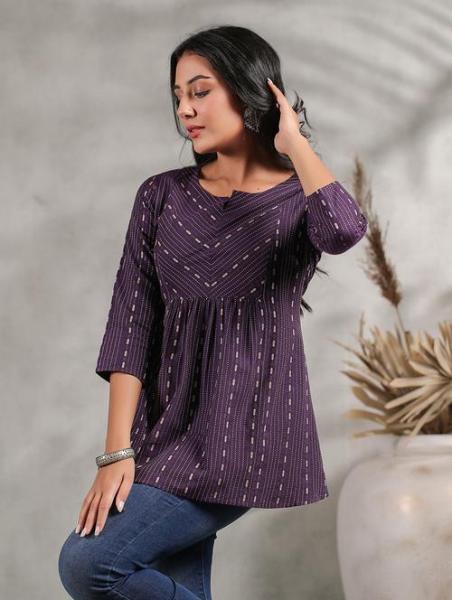 purple three quarter sleeve a-line kurti - 20404826 - Very Small Image - 1