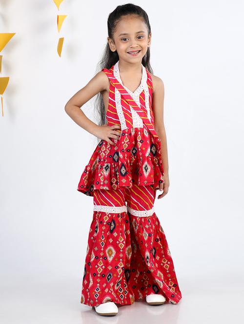 girls ikat printed kurta and sharara set - 20405163 - Very Small Image - 1