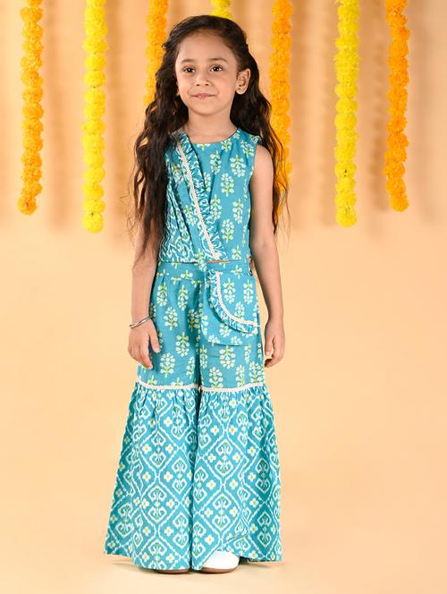 girls block printed top and sharara pant set - 20405167 - Very Small Image - 1