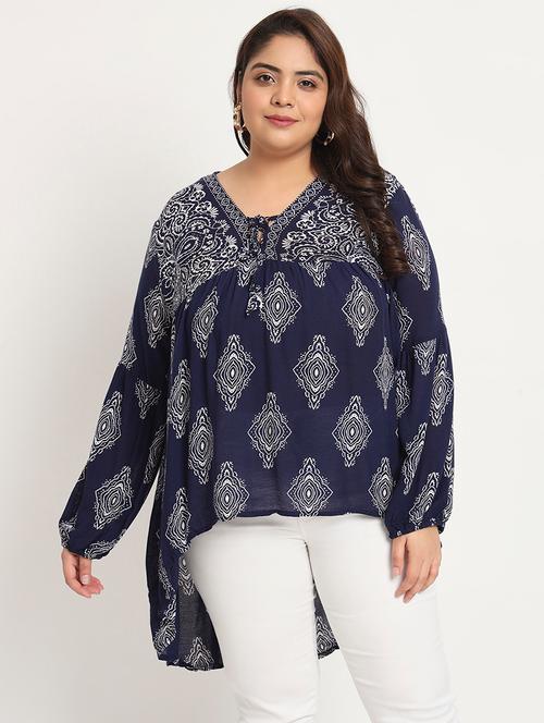 navy blue printed high low tunic - 20405576 - Very Small Image - 1