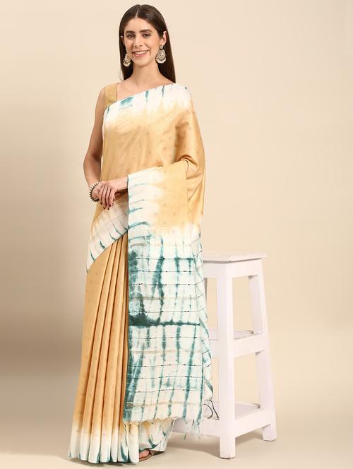 women's tie & dye cream colored saree with blouse - 20405977 - Very Small Image - 1