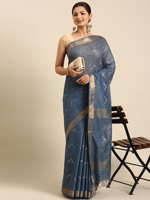 women's self design navy blue colored saree with blouse - 20406047 - Very Small Image - 1