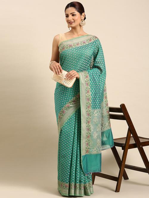 women's self design teal colored saree with blouse - 20406057 - Very Small Image - 1