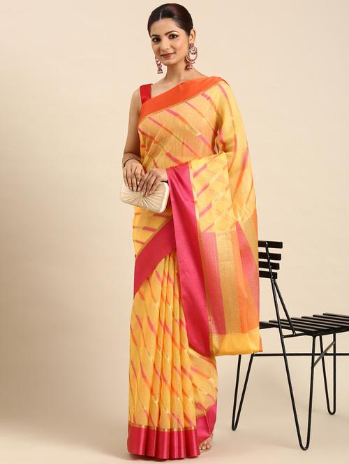 women's stripes yellow colored saree with blouse - 20406060 - Very Small Image - 1