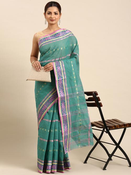 women's stripes green colored saree with blouse - 20406067 - Very Small Image - 1