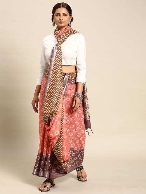 women's printed peach colored saree with blouse - 20406068 - Very Small Image - 1