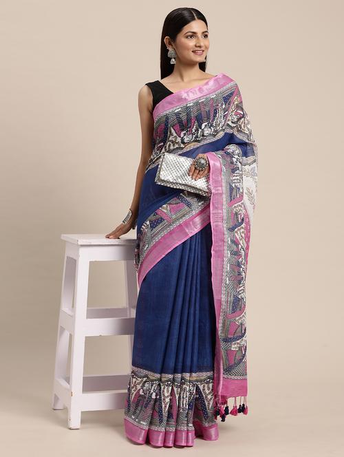 women's madhubani blue colored saree with blouse - 20406198 - Very Small Image - 1