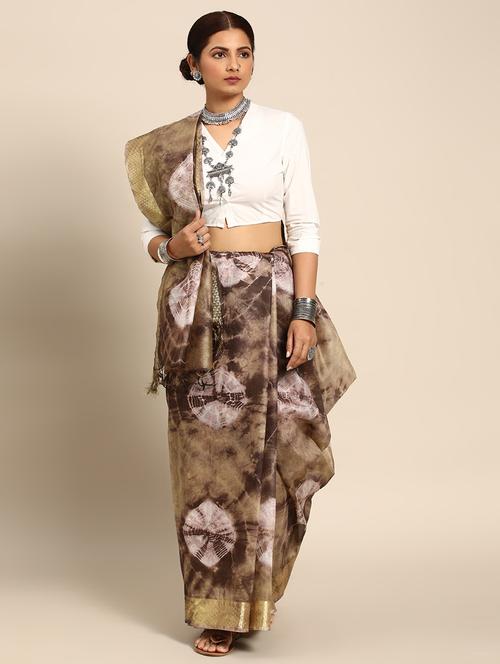 women's tie & dye brown colored saree with blouse - 20406210 - Very Small Image - 1