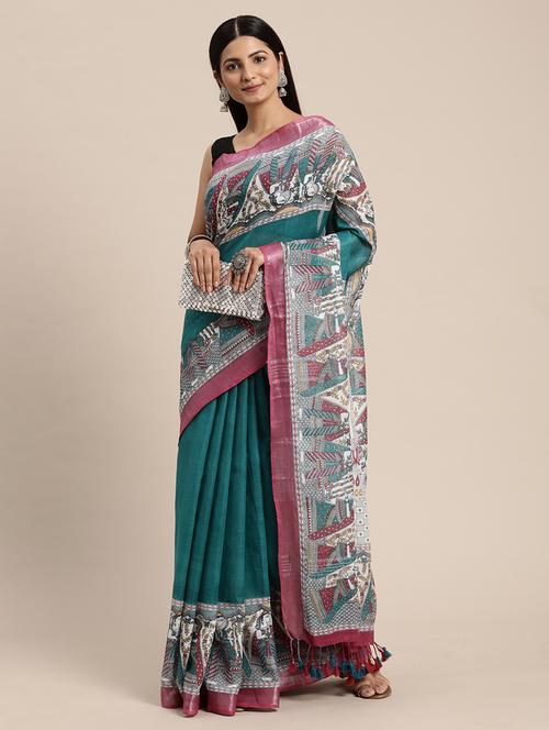 women's madhubani teal colored saree with blouse - 20406213 - Very Small Image - 1