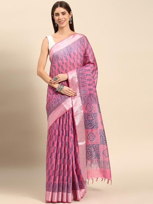 women's printed pink colored saree with blouse - 20406244 - Very Small Image - 1