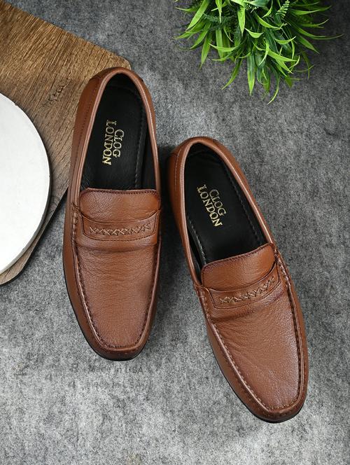 men solid tan slip on leather loafer - 20406536 - Very Small Image - 1