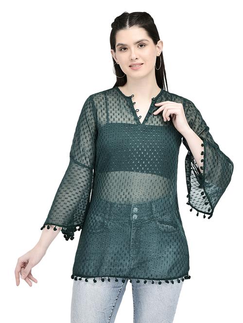 bottle green self design a-line tunic - 20406880 - Very Small Image - 1