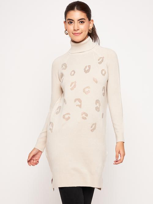 beige embellished high neck shift dress - 20407030 - Very Small Image - 1
