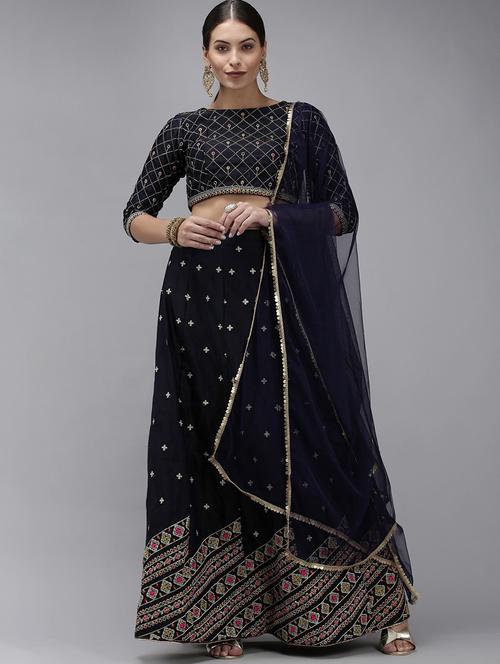 navy blue semi- stitched flared lehenga - 20407273 - Very Small Image - 1
