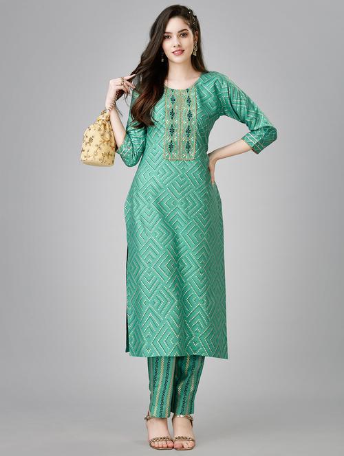 women sea green round neck kurta pant set - 20410226 - Very Small Image - 1