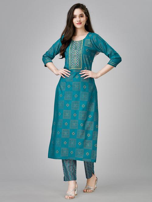 women teal foil print kurta pant set - 20410229 - Very Small Image - 1