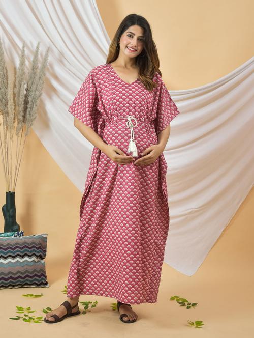 women pink floral maternity wear kaftan dress - 20411923 - Very Small Image - 1
