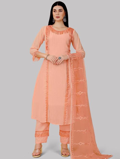 coral fringes & lace detailed kurta pant with dupatta  - 20411927 - Very Small Image - 1