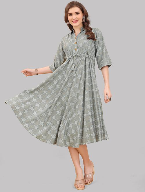 foil printed flared ethnic dress  - 20411955 - Very Small Image - 1
