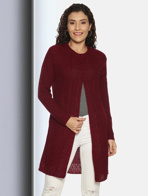 maroon self designed long sleeves cardigan - 20412175 - Very Small Image - 1