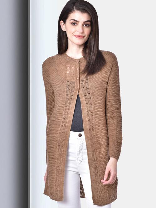 beige self designed long sleeves cardigan - 20412176 - Very Small Image - 1