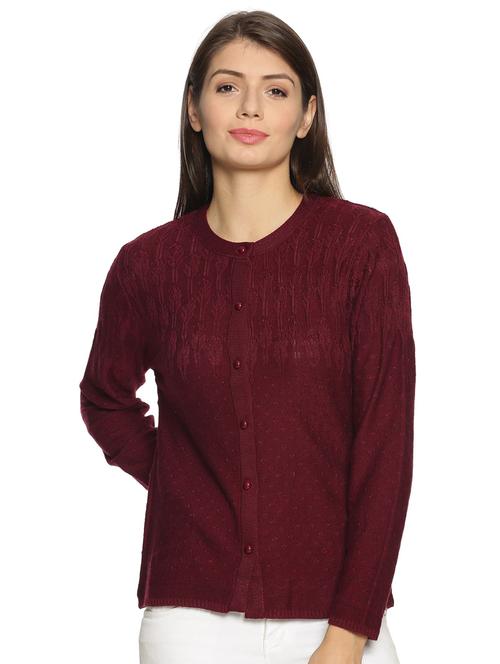 maroon self designed long sleeves cardigan - 20412259 - Very Small Image - 1