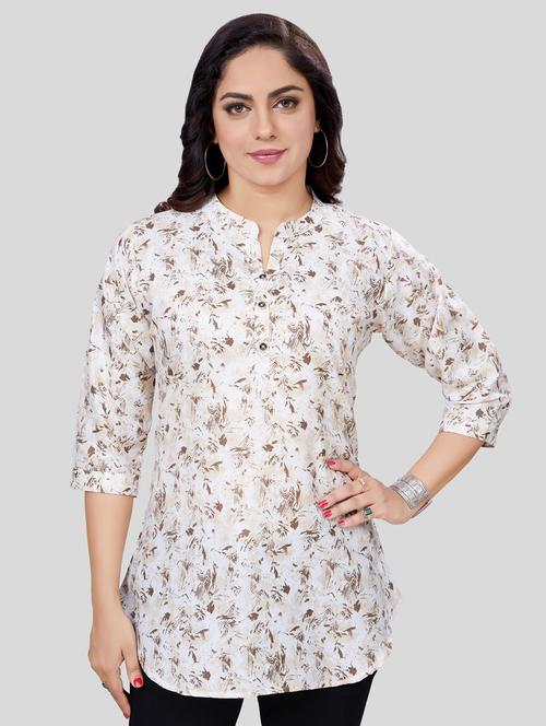 cream three quarter sleeve a-line kurti - 20413597 - Very Small Image - 1
