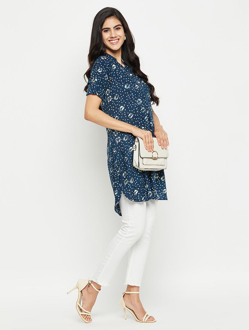 teal printed mandarin neck high low kurti - 20416046 - Zoom Image - 4