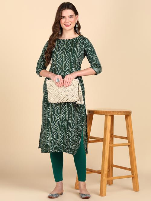 bottle green bandhani print straight kurta - 20417460 - Very Small Image - 1