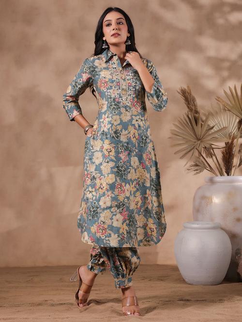 women grey shirt collar kurta salwar set - 20419041 - Very Small Image - 1