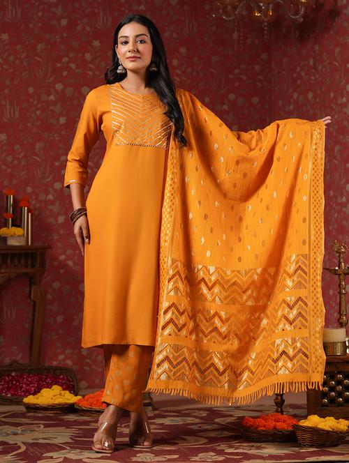 women mustard round neck kurta pant set with dupatta - 20419091 - Very Small Image - 1