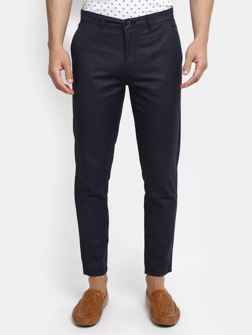 men solid navy blue cotton chinos slim fit casual trouser - 20420152 - Very Small Image - 1
