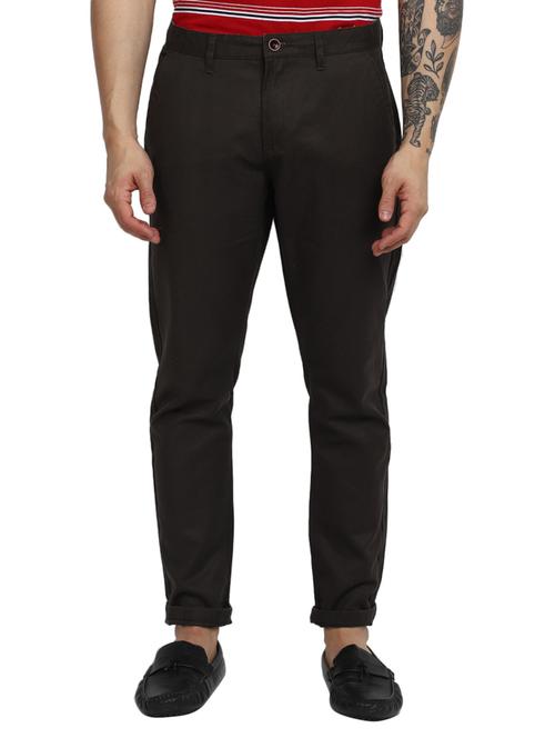 men solid coffee brown cotton chinos slim fit casual trouser - 20420153 - Very Small Image - 1
