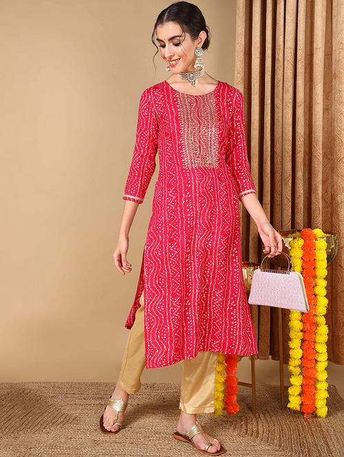 women red bandhani print straight kurta - 20420442 - Very Small Image - 1