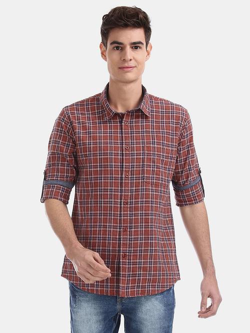 brown checkered long sleeves causal shirt - 20420709 - Very Small Image - 1