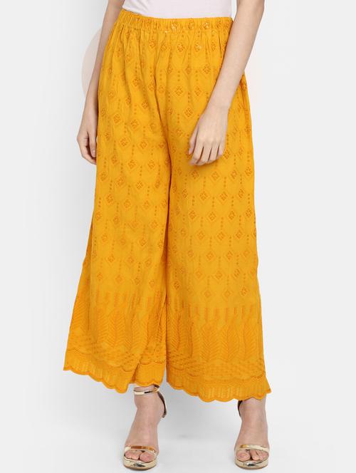 yellow solid with work flared palazzo - 20422513 - Very Small Image - 1