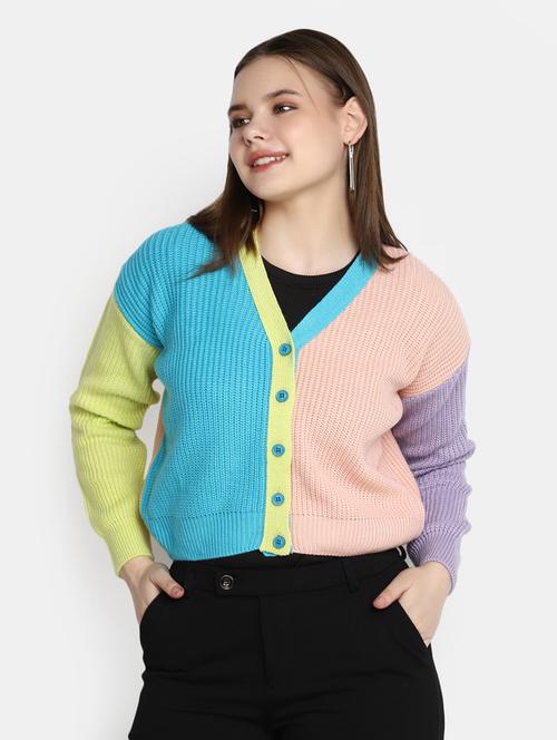 women's color blocked acrylic cardigan - 20422616 - Very Small Image - 1
