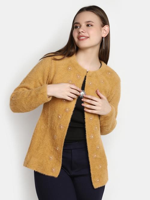 women's embellished mustard cotton cardigan - 20422627 - Very Small Image - 1