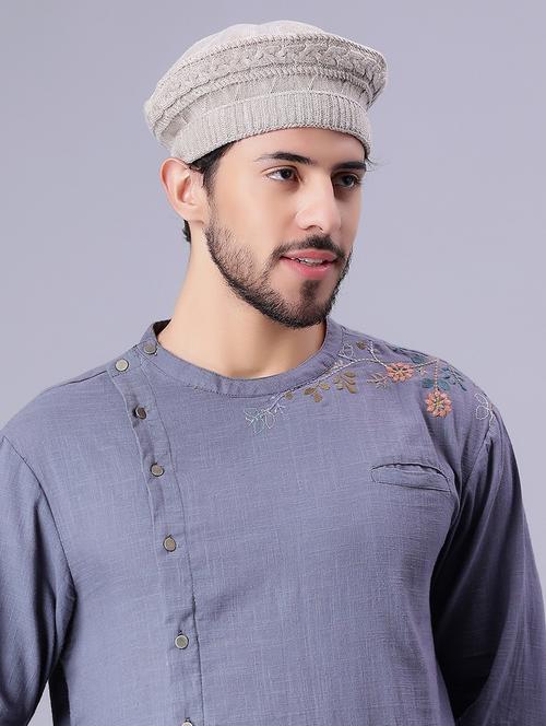 beige self design winter cap - 20422951 - Very Small Image - 1