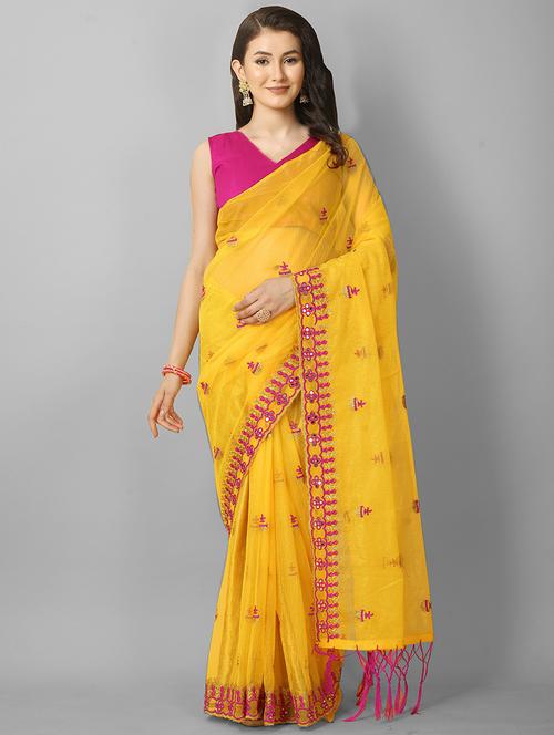 yellow solid with work saree with blouse - 20426795 - Very Small Image - 1