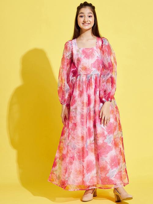 girls floral print party gown - 20428290 - Very Small Image - 1