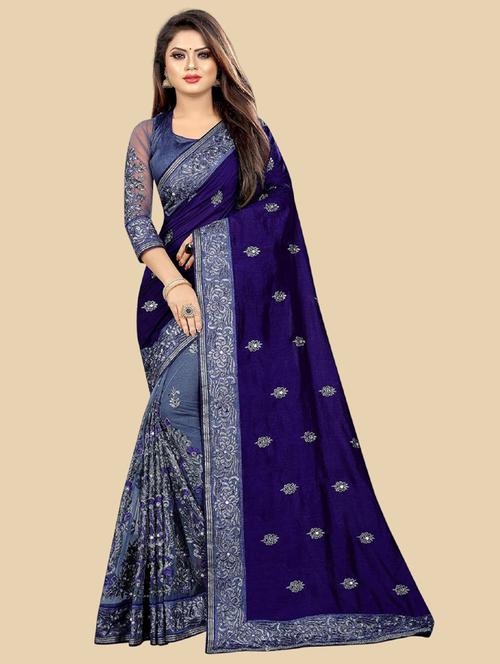women's solid with work navy blue colored saree with blouse - 20430334 - Very Small Image - 1