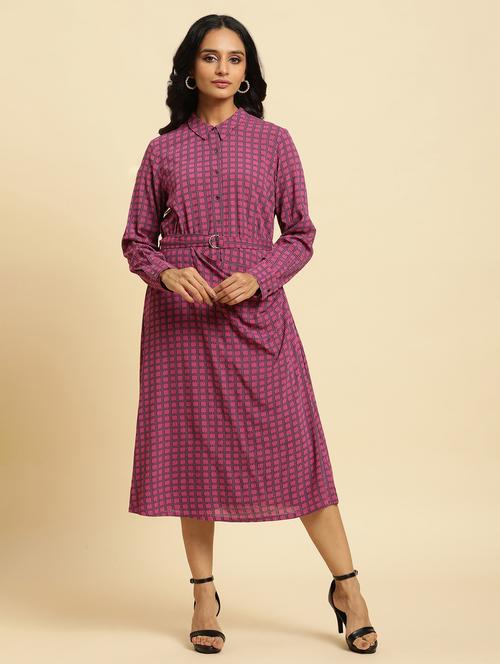 women pink shirt collar geometric print a-line dress - 20433919 - Very Small Image - 1
