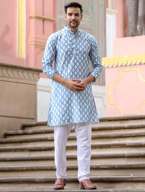 men's light blue printed long kurta - 20436667 - Very Small Image - 1