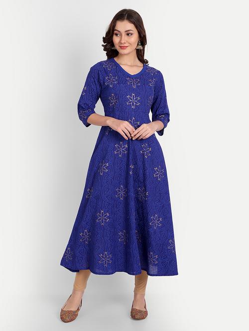 women blue foil print  a-line kurta - 20442669 - Very Small Image - 1