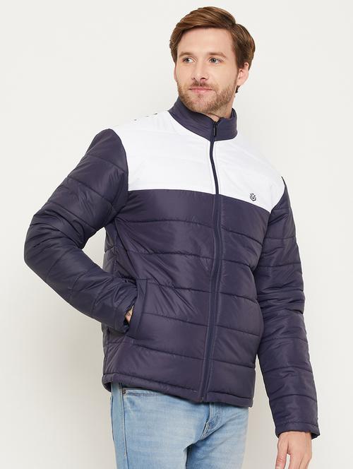 men color block navy blue polyester casual jacket - 20443850 - Very Small Image - 1