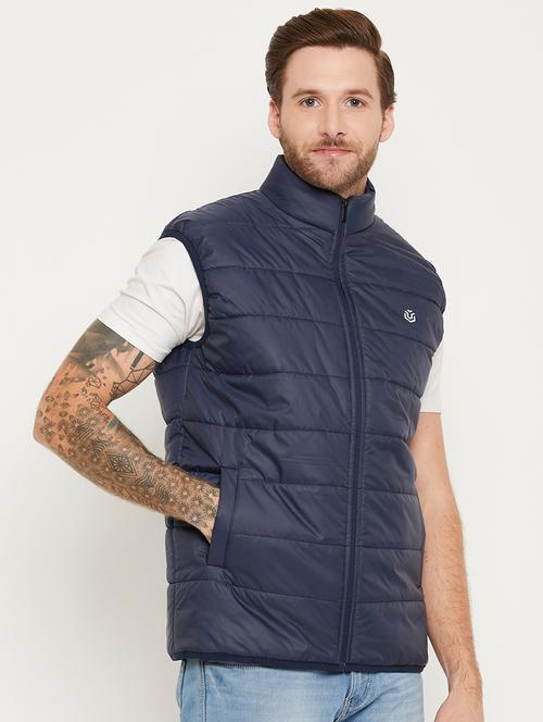 men solid navy blue polyester sleeveless casual jacket - 20443858 - Very Small Image - 1