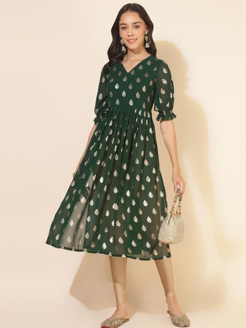 green foil printed flared kurta - 20445410 - Very Small Image - 1
